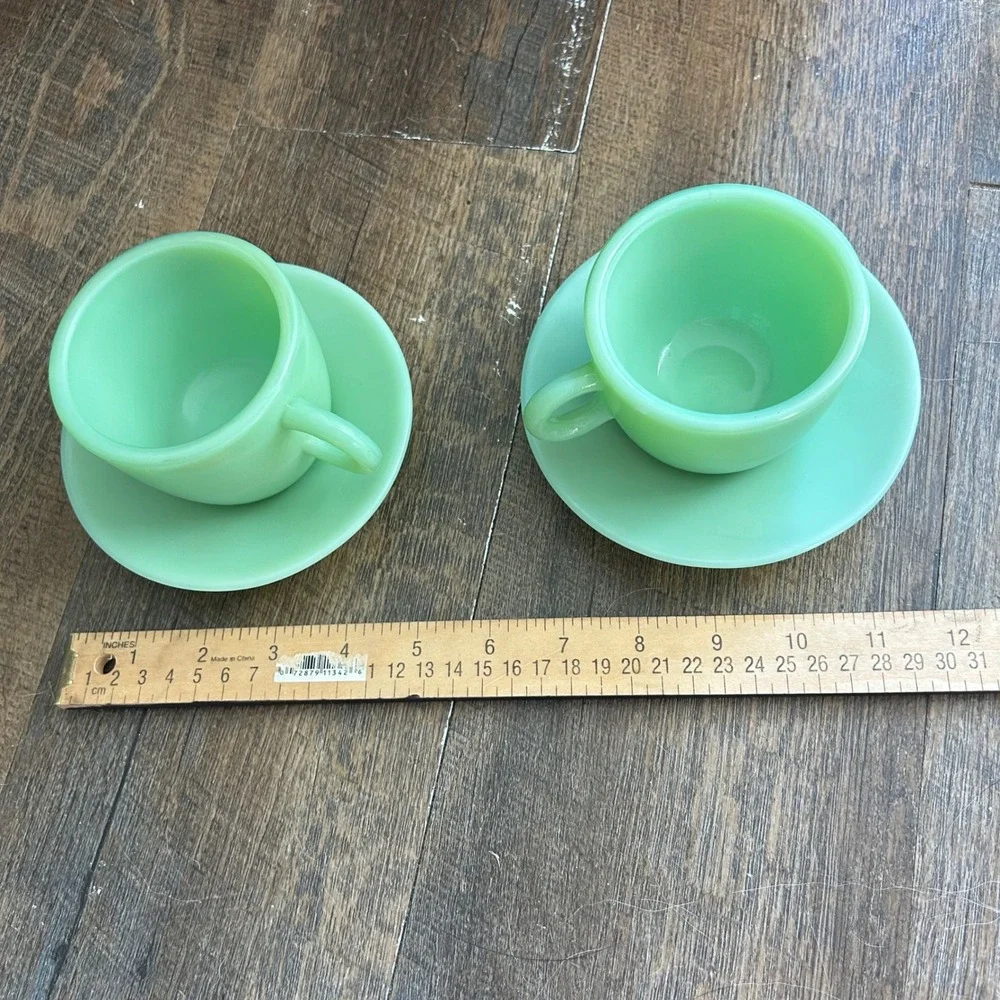 Vtg Fire-King Jadeite Oven Ware C Handle Coffee Cup Saucer Set Heavy Duty Rare